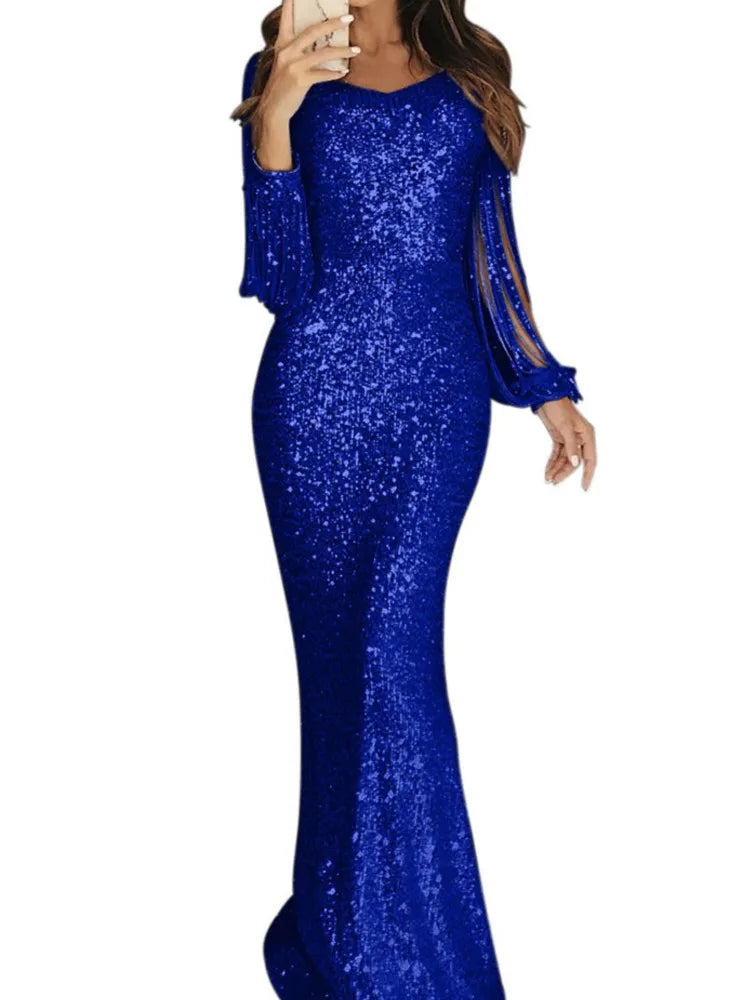 Fashion Tassel Sequins Dress For Women Elegant Long Sleeve O Neck High Waist Package Hip Dresses Robe Femme Formal Evening Party - JN Fashion Fusion