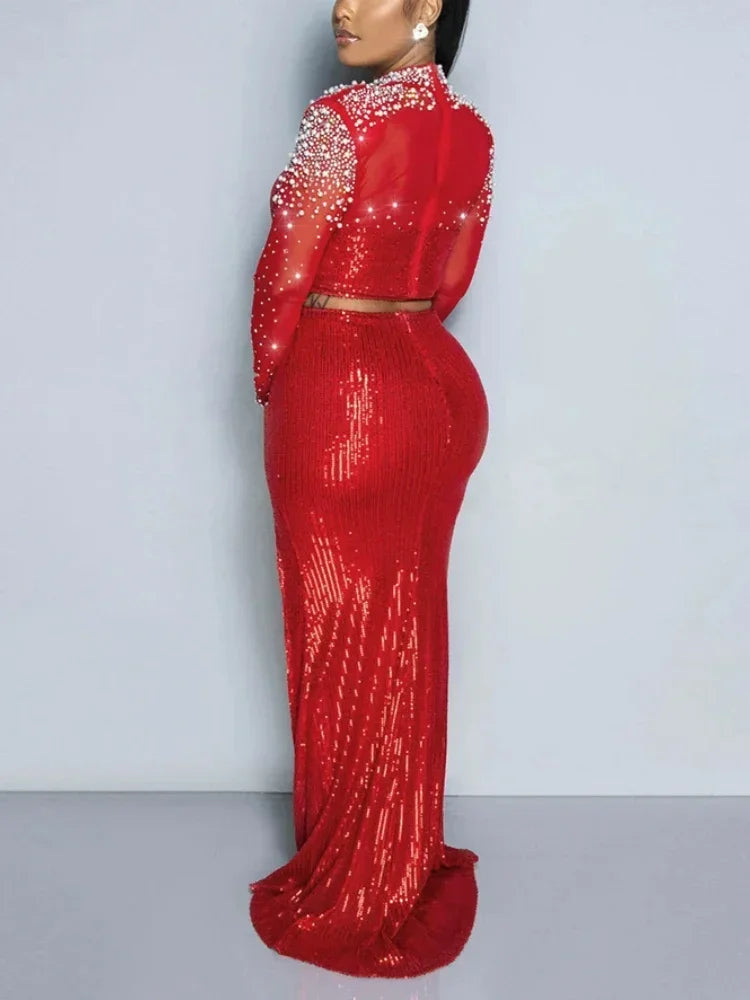 Luxury Sequins Evening Dress Set Beading Diamonds Cropped Tops High Slit Maxi Skirts 2 Piece Outfits Bodycon Party Dinner Gown - JN Fashion Fusion