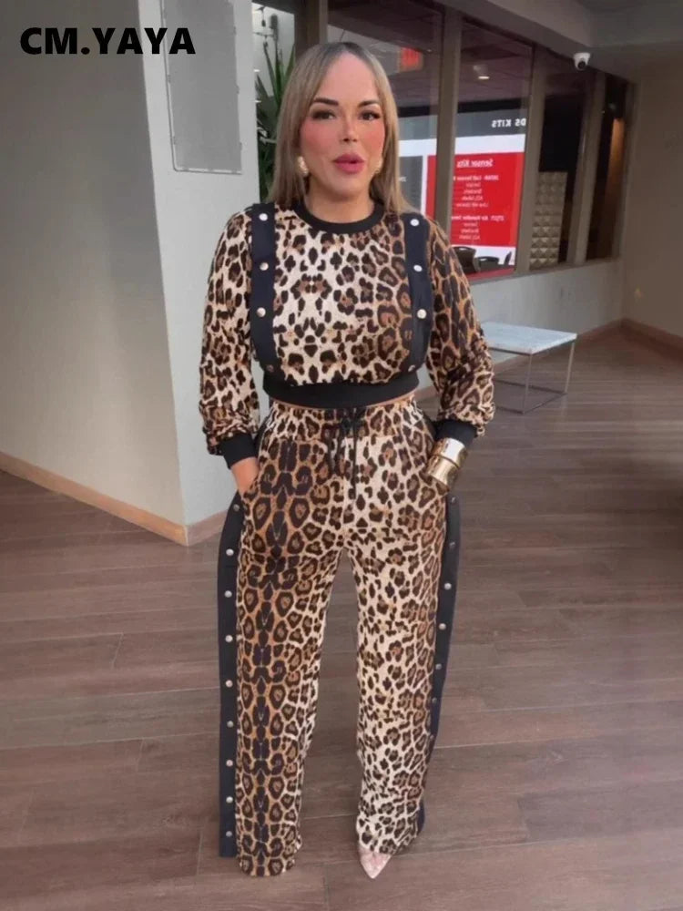 CM.YAYA Streetwear Women's Set Leopard Print Long Sleeve Top +wide Leg Pants Active Sproty Fall Sexy Two 2-Piece Set Outfits