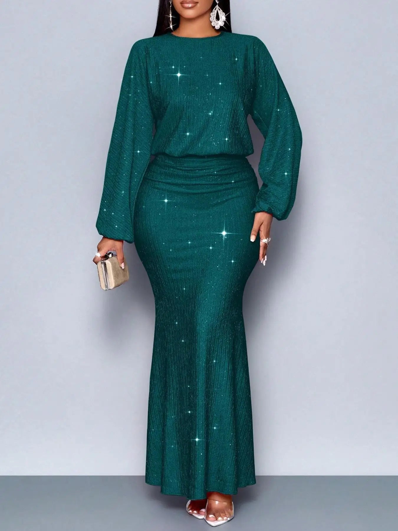 Fashion Shiny Women's Dress Spring Autumn O-neck  Long Sleeve Slim Hips Banquet Long Dress Female Pleated Party Fishtail Dresses - JN Fashion Fusion