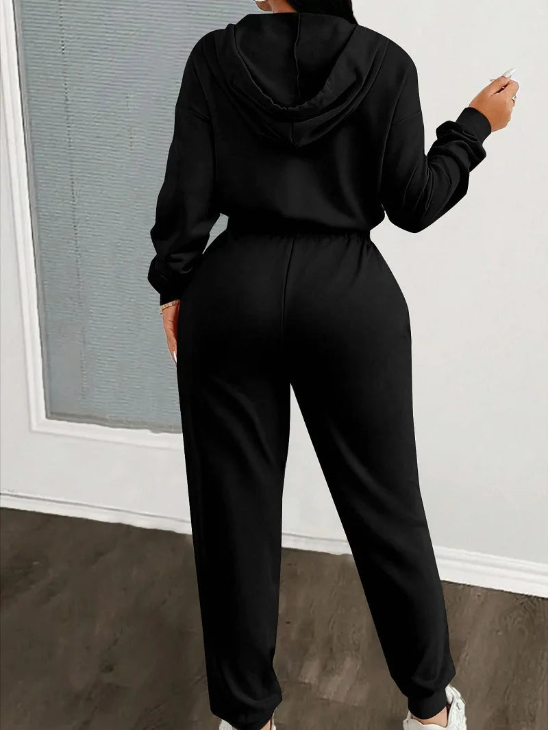 2026 Autumn And Winter New Women's Fashion Solid Color Drawstring Zipper Hooded Jumpsuit Casual Matching