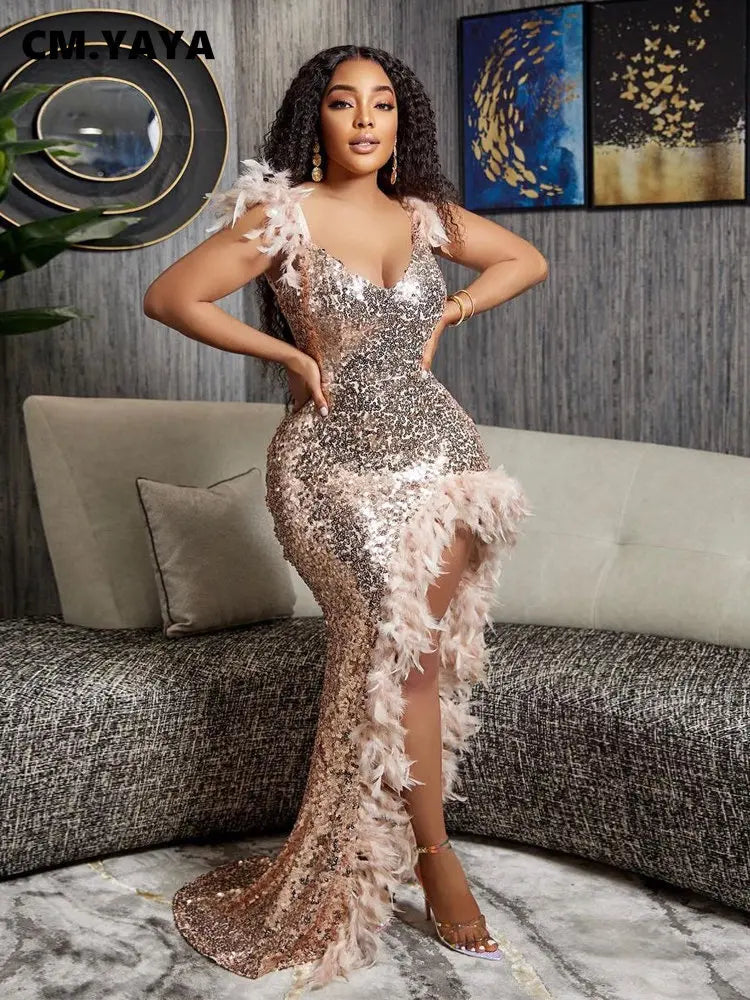 CM.YAYA Women Sequined Spaghetti Strap Feather Hem High Side Slit Mermaid Trumpet Bodycon Midi Evening Sexy Party Maxi Dresses - JN Fashion Fusion