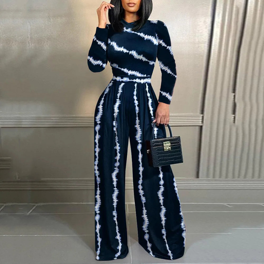 Elegant Women Stand Neck Slim Long Sleeve Bodysuits Fall/winter Fashion Print Wide Leg Rompers Casual Waist Jumpsuits Streetwear - JN Fashion Fusion