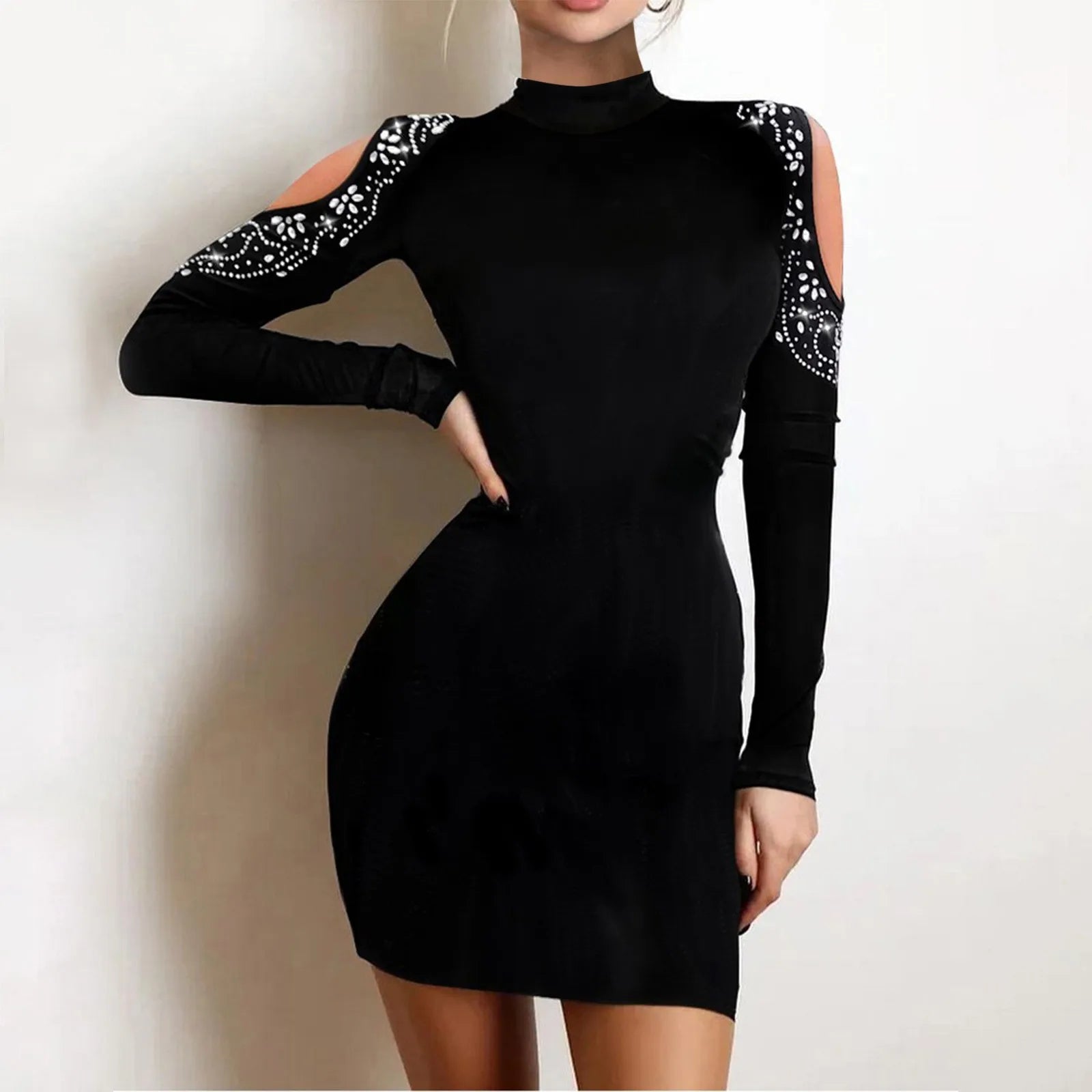 Party Dress Skinny Rhinestone Chain Pattern Cold Shoulder Bodycon Dress Ladies Wedding Guest Dresses Elegant Fall Outfits Women - JN Fashion Fusion