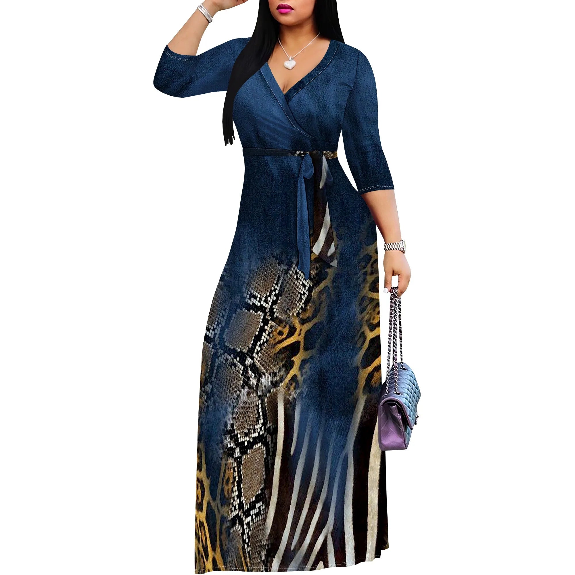 Women's 3/4 Sleeve V Neck Women With Pocket and Bel Long Dress Fashion Printed Split Hem Club Party Casual Vacation Maxi Dress - JN Fashion Fusion