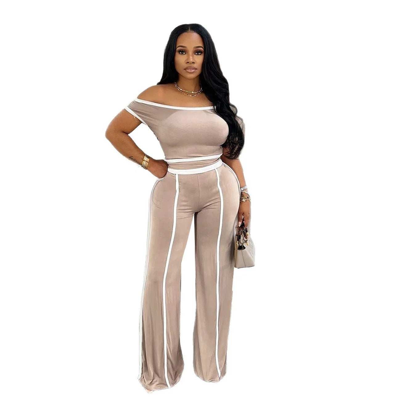 Pant Set Women Two Piece Sets Oblique Shoulder Short Sleeve Y2k Tops Wide Leg Long Pants High Tight Waist Elegant Streetwear - JN Fashion Fusion