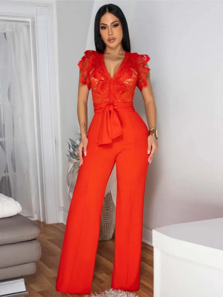 Women's Jumpsuit Elegant Lace V Neck Short Sleeve High Waisted Wide Leg Rompers Sports Fitness Party Banquet Jumpsuites Sexy Y2K