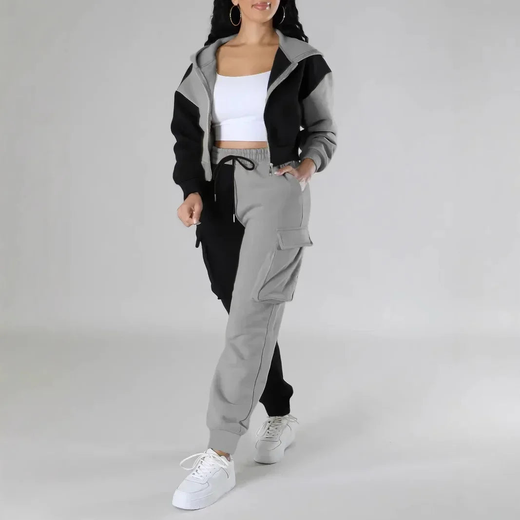 Women Loose Autumn Winter Two Pieces Suit Matching Sets Hoodie Tracksuit Blocked Zipper Short Outerwear Drawstring Cargo Pants - JN Fashion Fusion