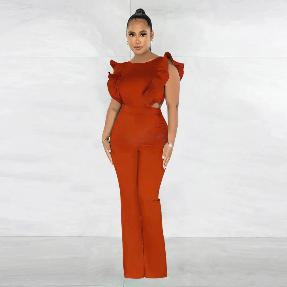 Solid Ruffled Sleeveless Jumpsuit Women Summer Rompers Bodysuits O Neck High Waist Wide Leg Pant Jumpsuit Streetwear Overalls - JN Fashion Fusion