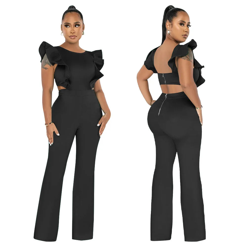 Solid Ruffled Sleeveless Jumpsuit Women Summer Rompers Bodysuits O Neck High Waist Wide Leg Pant Jumpsuit Streetwear Overalls - JN Fashion Fusion