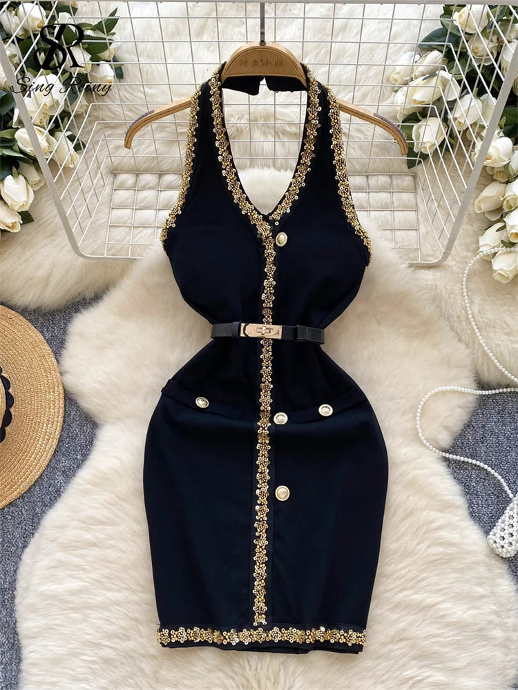 SINGREINY French Senior Short Dress Ladies V Neck Halter Backless With Belt Slim Sundress Beading Sequins Fashion Chic Dress - JN Fashion Fusion