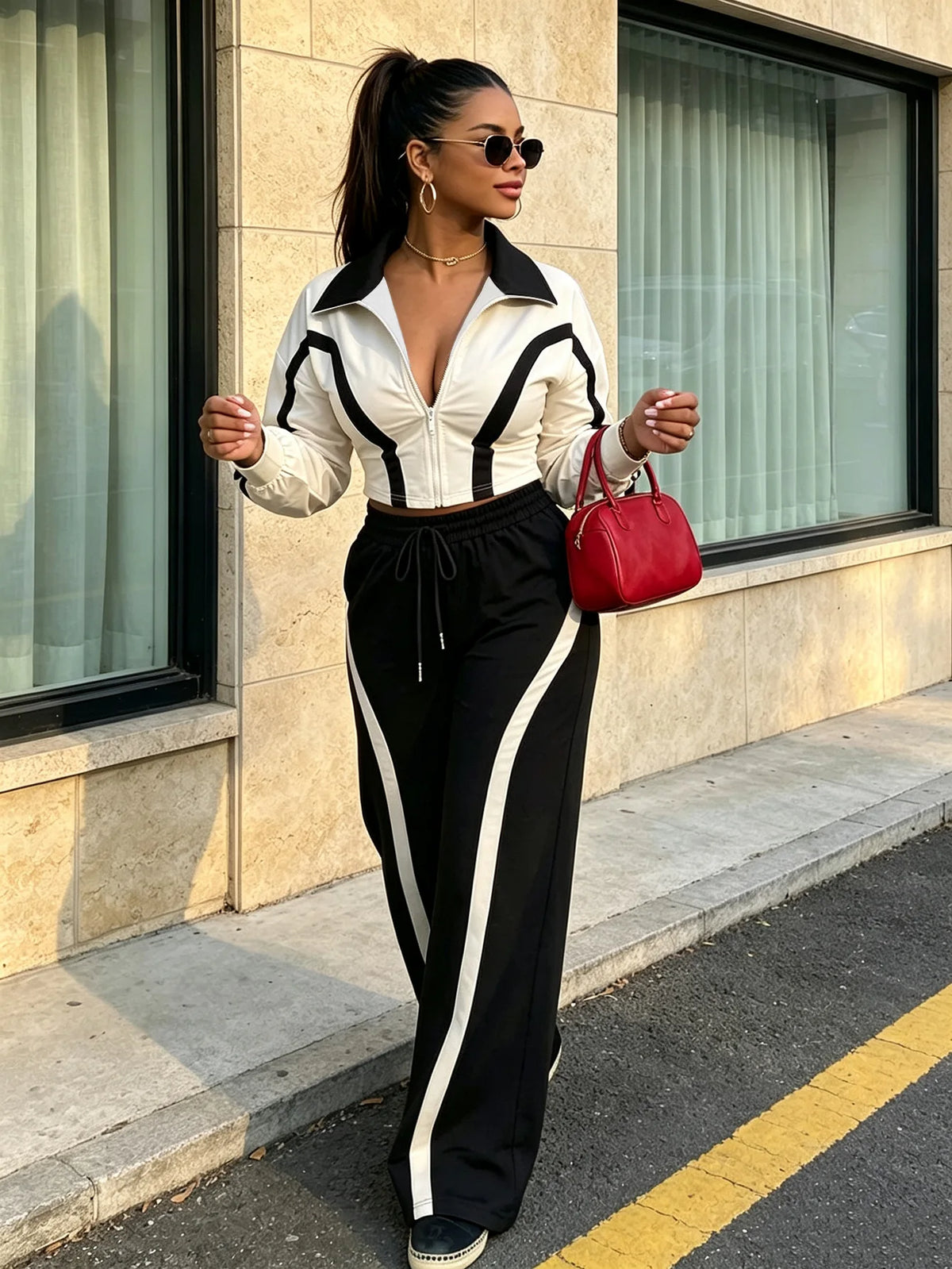 Pant Set Women Two Piece Sets Jogger Tracksuit Turn Down Collar Full Sleeve Striped Coats Wide Leg Long Pants Elastic Waist