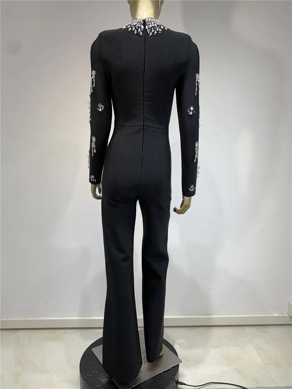 Women Winter Autumn Knitted Bandage Jumpsuits Dress High Street Long Sleeve Turtleneck Crystal Embroidery Evening Party Rompers