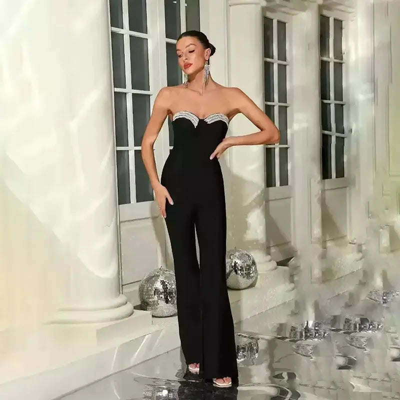 Fashion Celebrate Sequin Beads Women Sexy Strapless Bodycon Bandage Jumpsuit Runway Nightclub Party Luxury Birthday Outfits