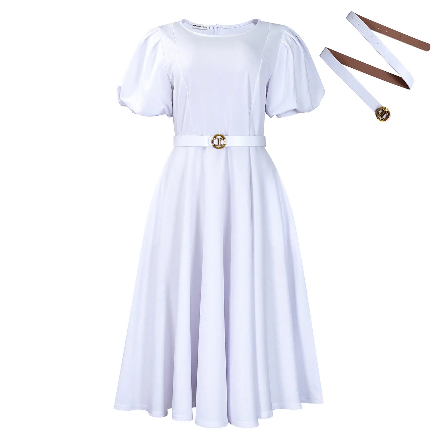 Women's Elegant High-Waisted Puffed Sleeve Summer Dress 2026 Solid Color round Neck Large Skirt Hem Fashionable Casual Dress