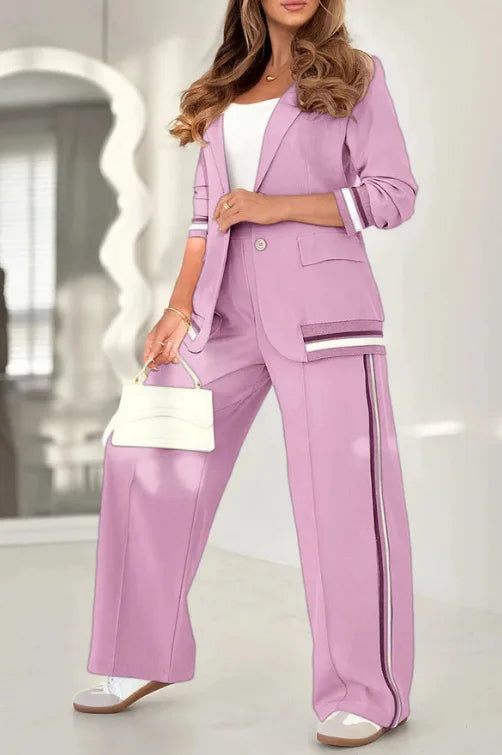 Women’s wide-leg pants and two-piece set by JN Fashion Fusion featuring button coat, patchwork design, high waist, and pockets.