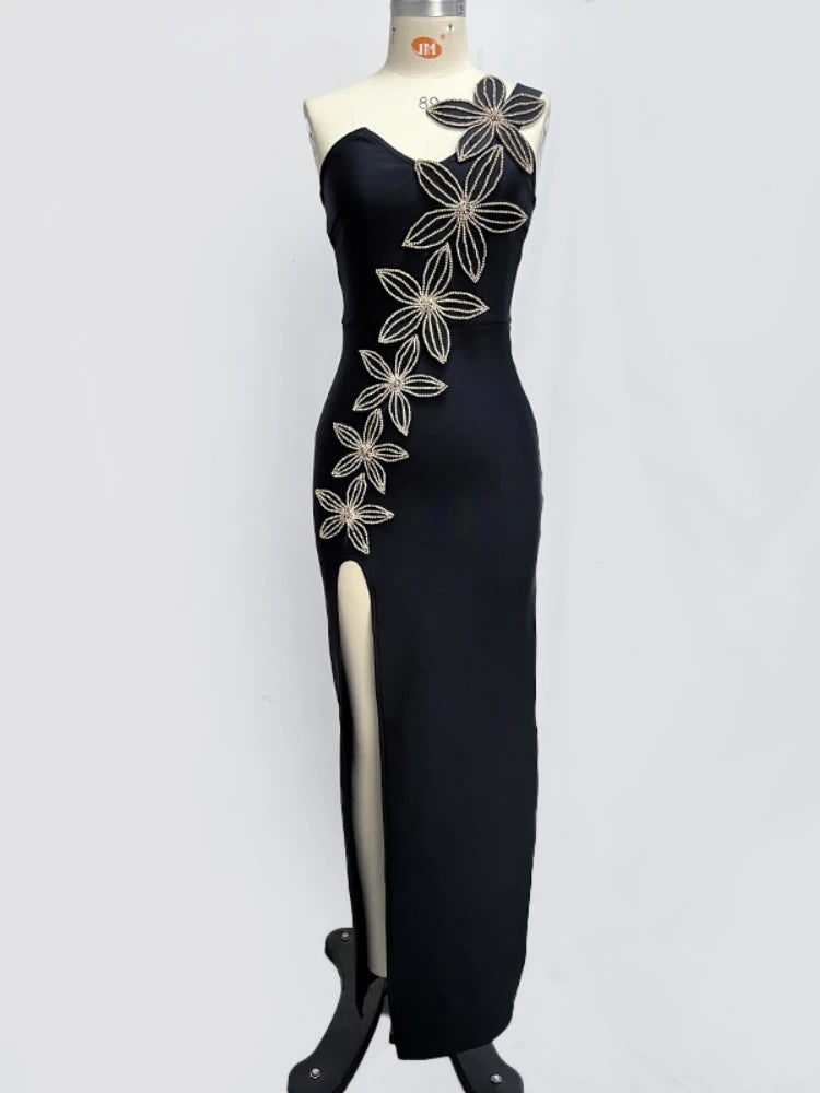 Sexy One Shoulder Sleeveless Diamonds Flower Bandage Dress Women Black High Slit Bodycon Long Dress Elegant Party Celebrity Club - JN Fashion Fusion