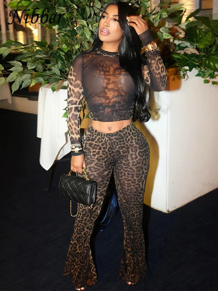 Nibber Sexy 2 Piece Set Women See Through Midnight Party Full Sleeve Crop Tops+Pants Matching Clubwear Skinny Autumn Outfits - JN Fashion Fusion