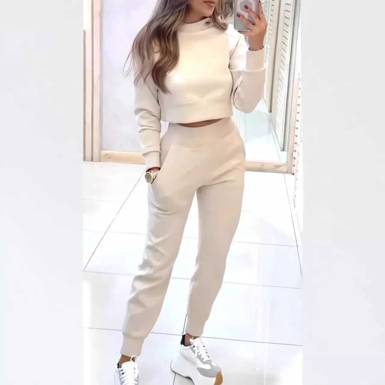 2025 New Women's 2-piece Long-sleeved Short Sweatshirt Turtleneck Fashion Casual Elastic Waist Slim Pant Sets - JN Fashion Fusion