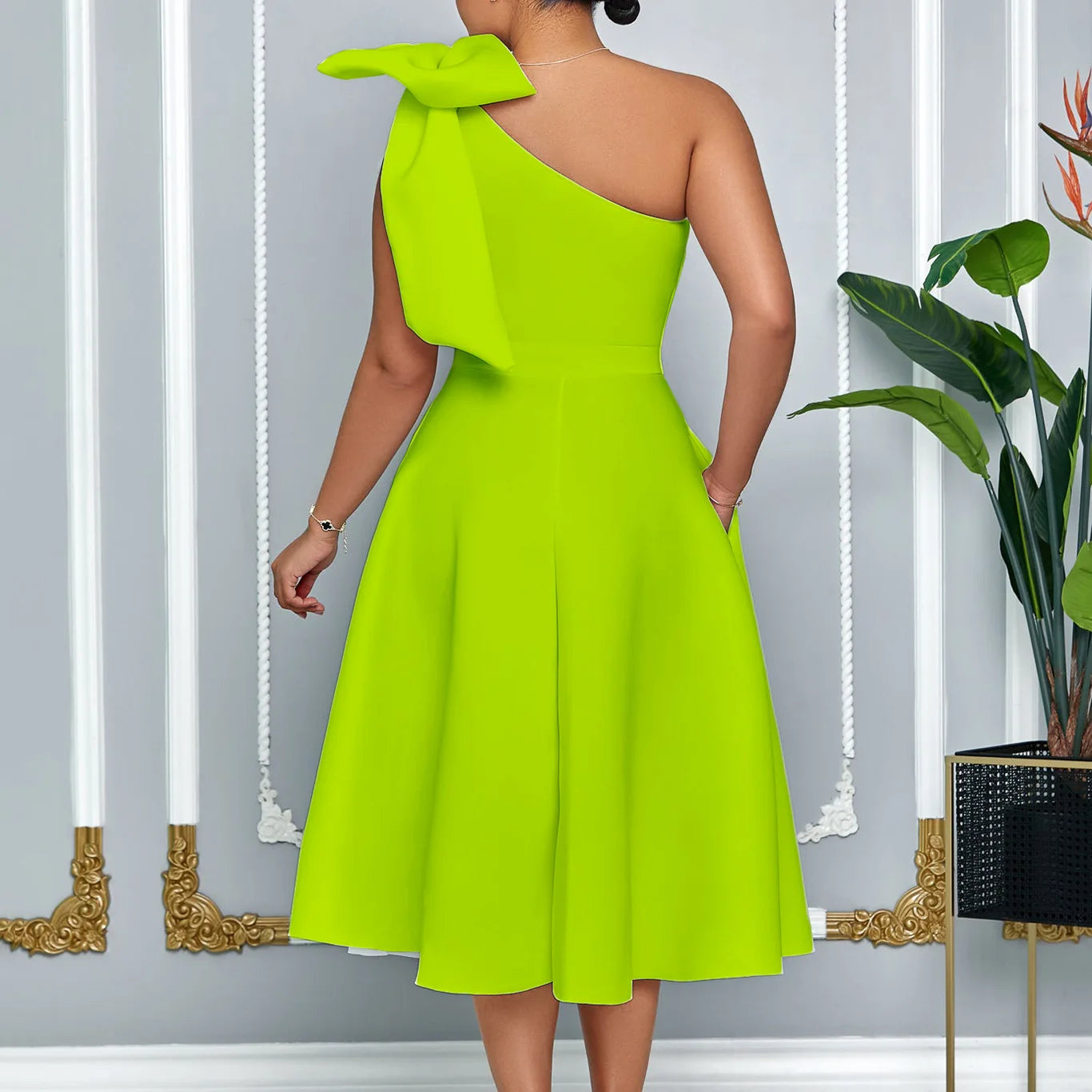 plus Size Women's Fashion Skew Shoulder Bow Banquet Swing Dress New Elegant Gown for Special Occasions