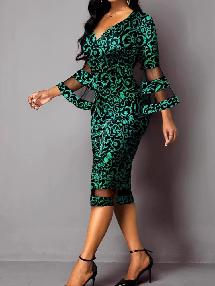 Lady Print Dress Fashion Sexy V Neck Nine Quarter Sheer High Waist Package Hip Dresses For Women Holiday Party Women's Clothing - JN Fashion Fusion
