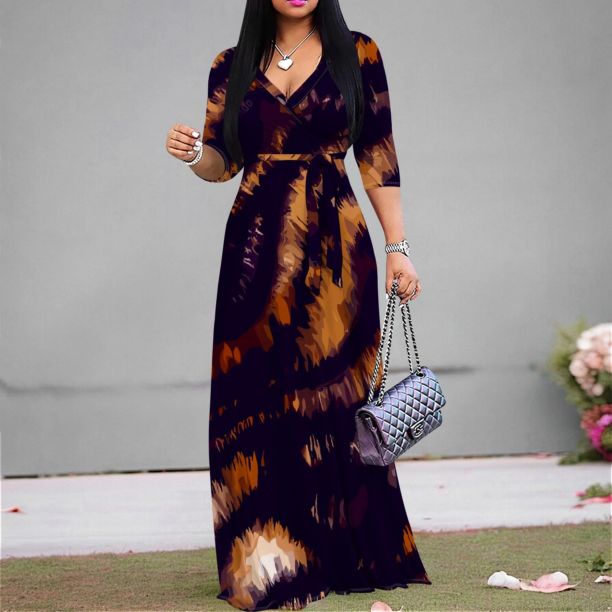 Casual Printed Maxi Dress Women Hawaii Vacation V Neck 3/4 Sleeve Loose Fit Long Dress