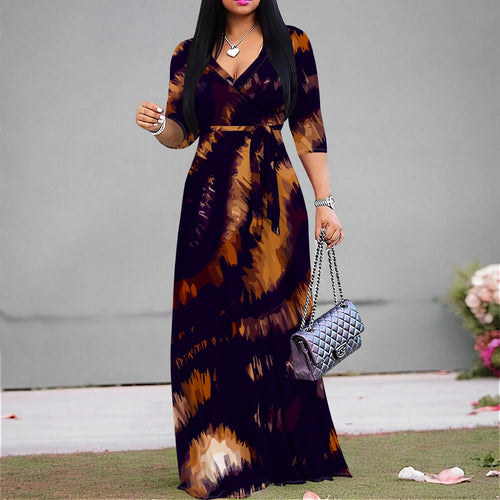 Casual Printed Maxi Dress Women Hawaii Vacation V Neck 3/4 Sleeve Loose Fit Long Dress - JN Fashion Fusion