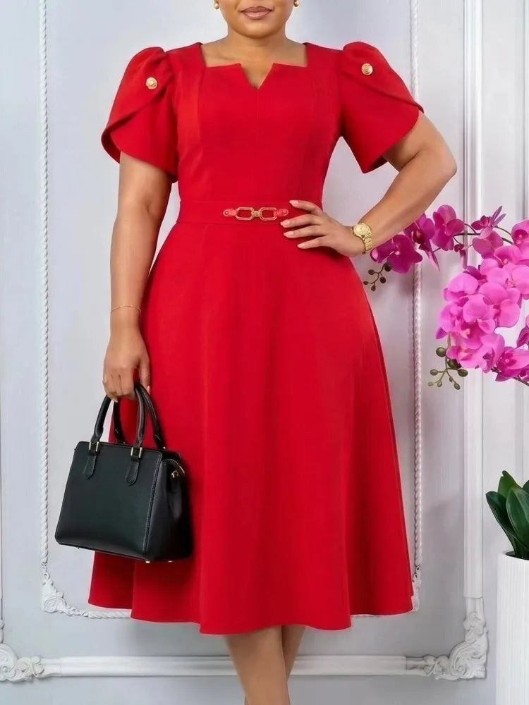 Women Summer Autumn Casual Plus Size Slim Office Ladies Dresses Retro Elegant V-Neck High Waist Short Sleeve Party Dress 2026