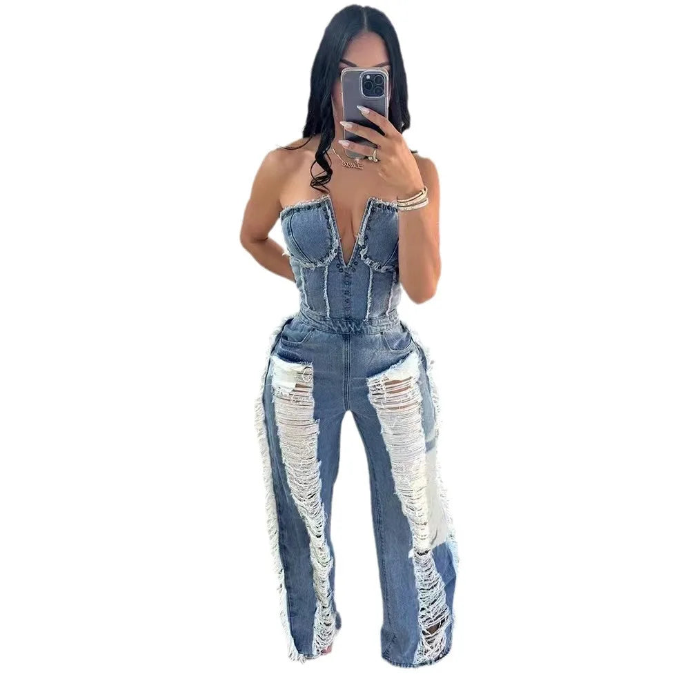 Jumpsuits Women One Piece Strapless Denim Overalls Hole Long Pants Mom Jeans Sexy High Waist Rompers Y2k Streetwear Party