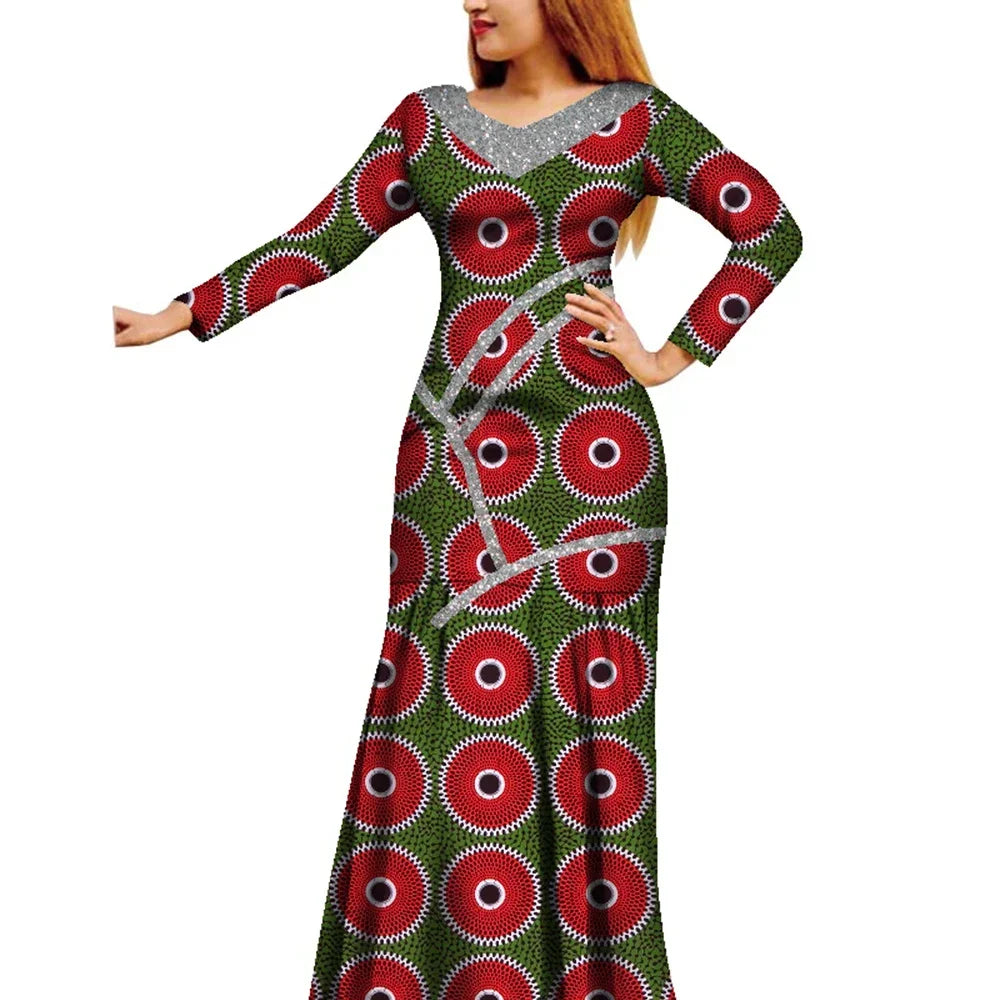 African Women Dress African Wax Print Dress Bazin Riche Long Sleeve Maxi Dress Lady African Clothes WY8679