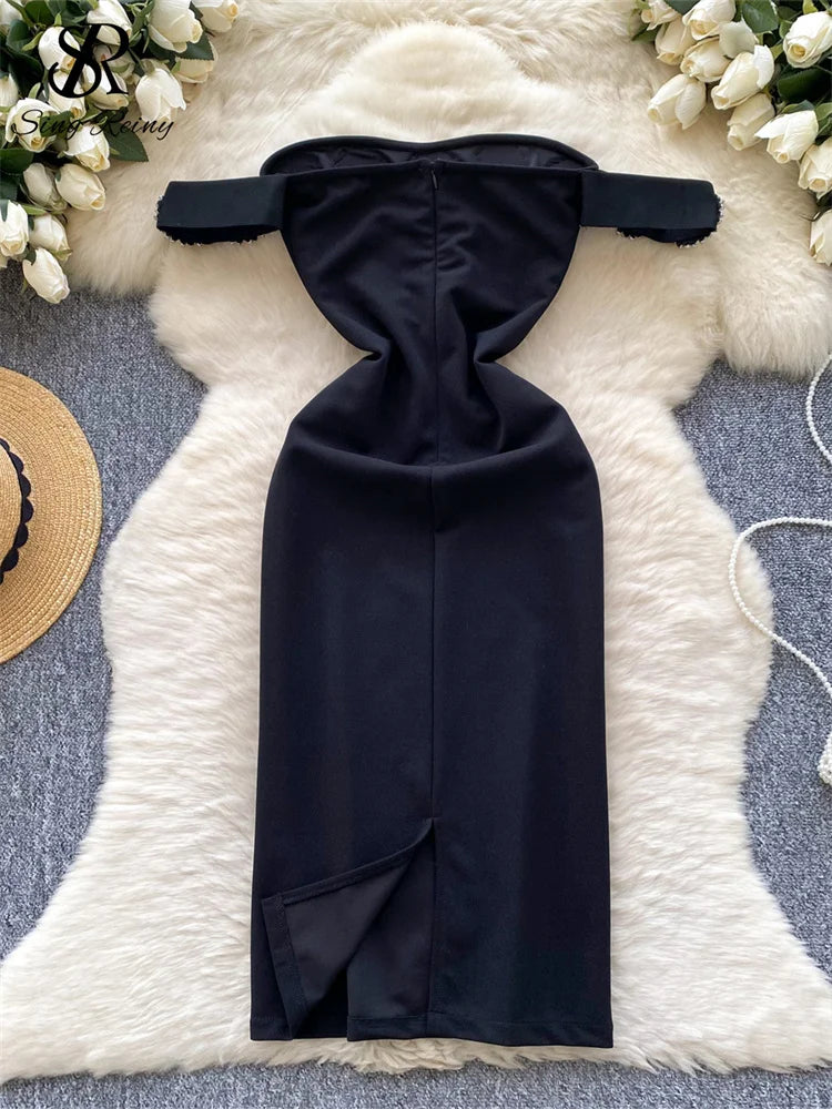 SINGREINY French Senior Evening Dress Women Diamonds Off The Shoulder Hotsweet Chic Fashion Elegant Skinny Split Midi Sundress - JN Fashion Fusion