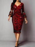 Lady Print Dress Fashion Sexy V Neck Nine Quarter Sheer High Waist Package Hip Dresses For Women Holiday Party Women's Clothing - JN Fashion Fusion
