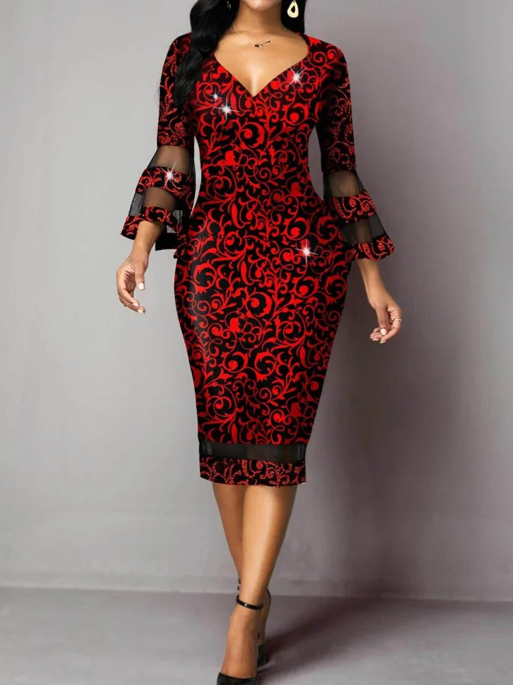 Lady Print Dress Fashion Sexy V Neck Nine Quarter Sheer High Waist Package Hip Dresses For Women Holiday Party Women's Clothing - JN Fashion Fusion