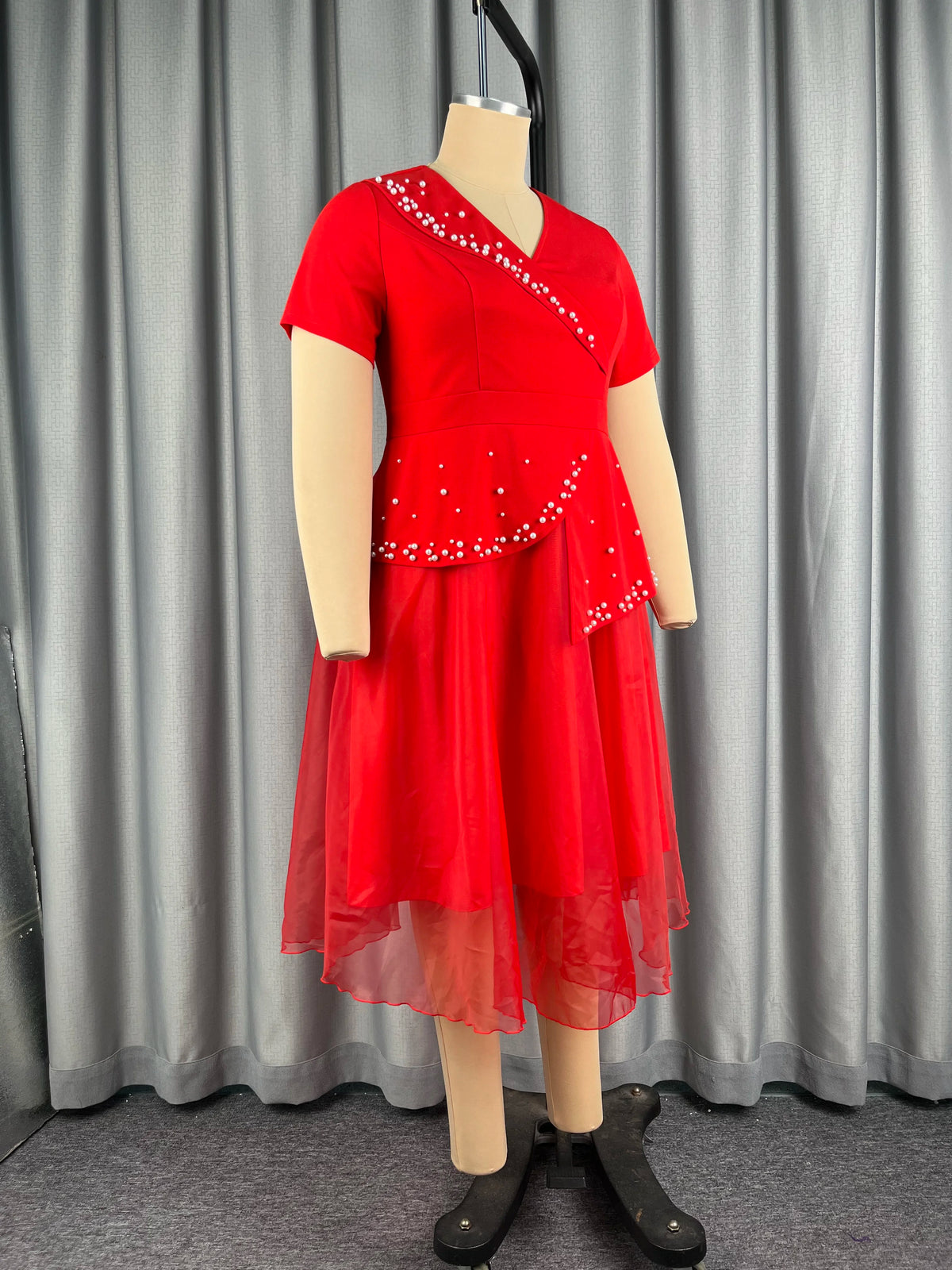Red women’s A-line festival dress by JN Fashion Fusion featuring V-neck, short sleeves, beading, peplum, and mesh hem for special occasions.