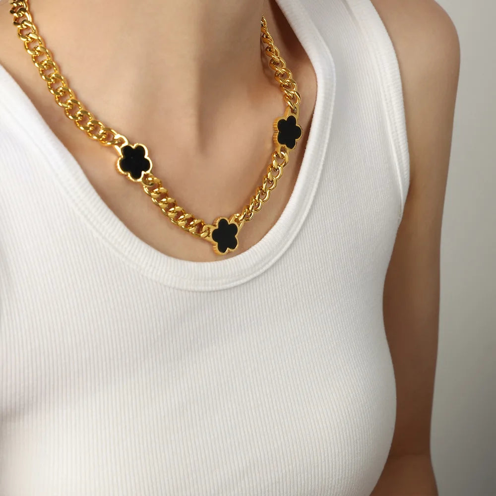 Elegant Stainless Steel New Hip Hop Cuban Link Five Leaf Flower Set Shell Bracelet Necklace Women's Minimalist Chain Jewelry - JN Fashion Fusion