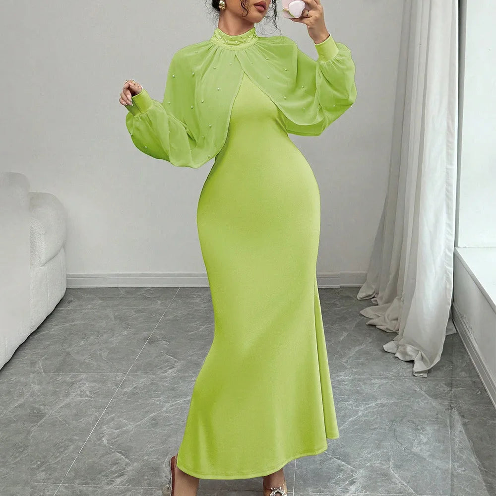 Women Dresses 2026 Spring Autumn New Solid Color Beading Decor Lace Splicing High Neck Long Sleeve Slim Hip Wrapping Long Dress - JN Fashion Fusion