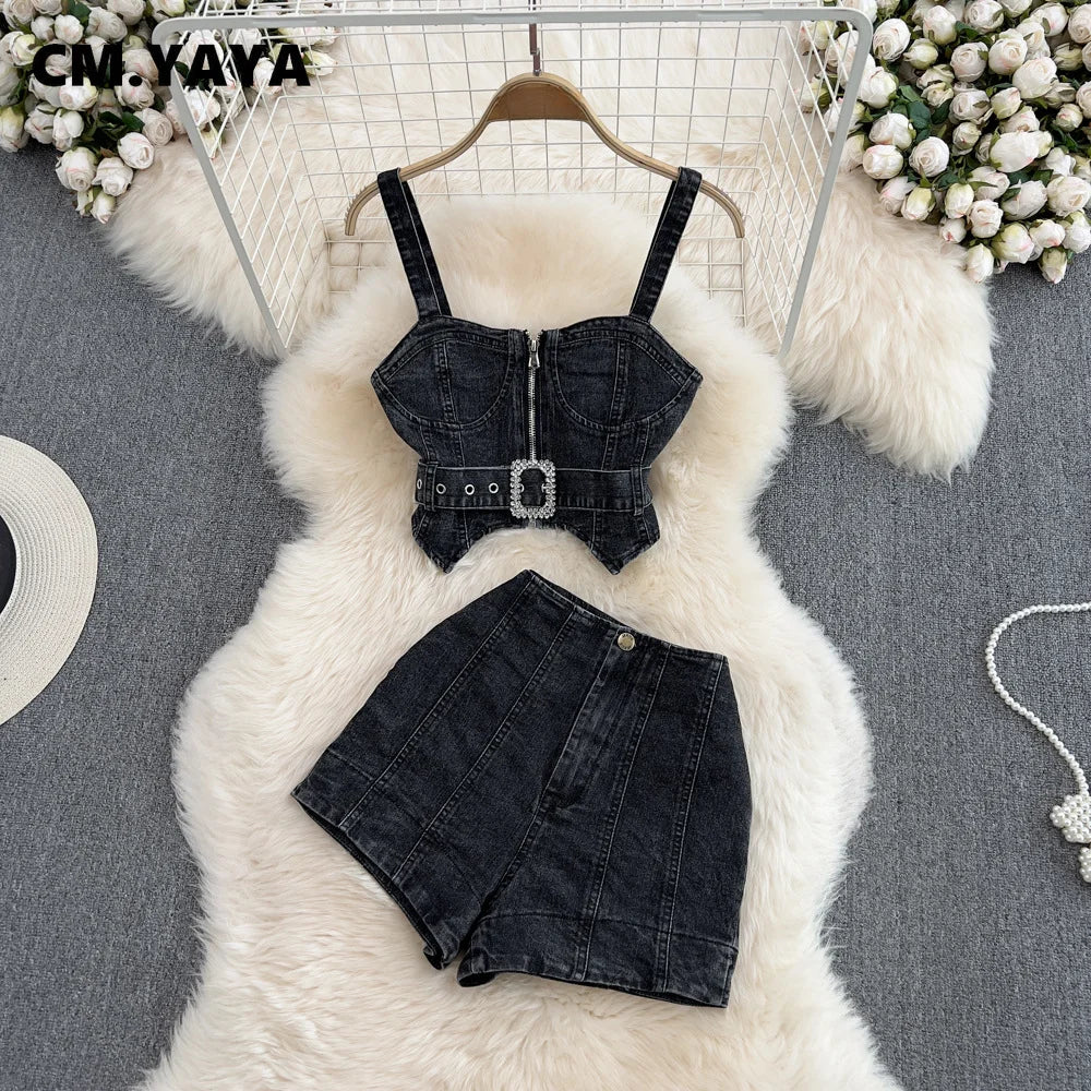 CM.YAYA Women Set Denim Strapless Belt Top +Mini shorts Sets Street Casual Two 2 Piece Set Sexy Party Outfit 2024 Summer - JN Fashion Fusion