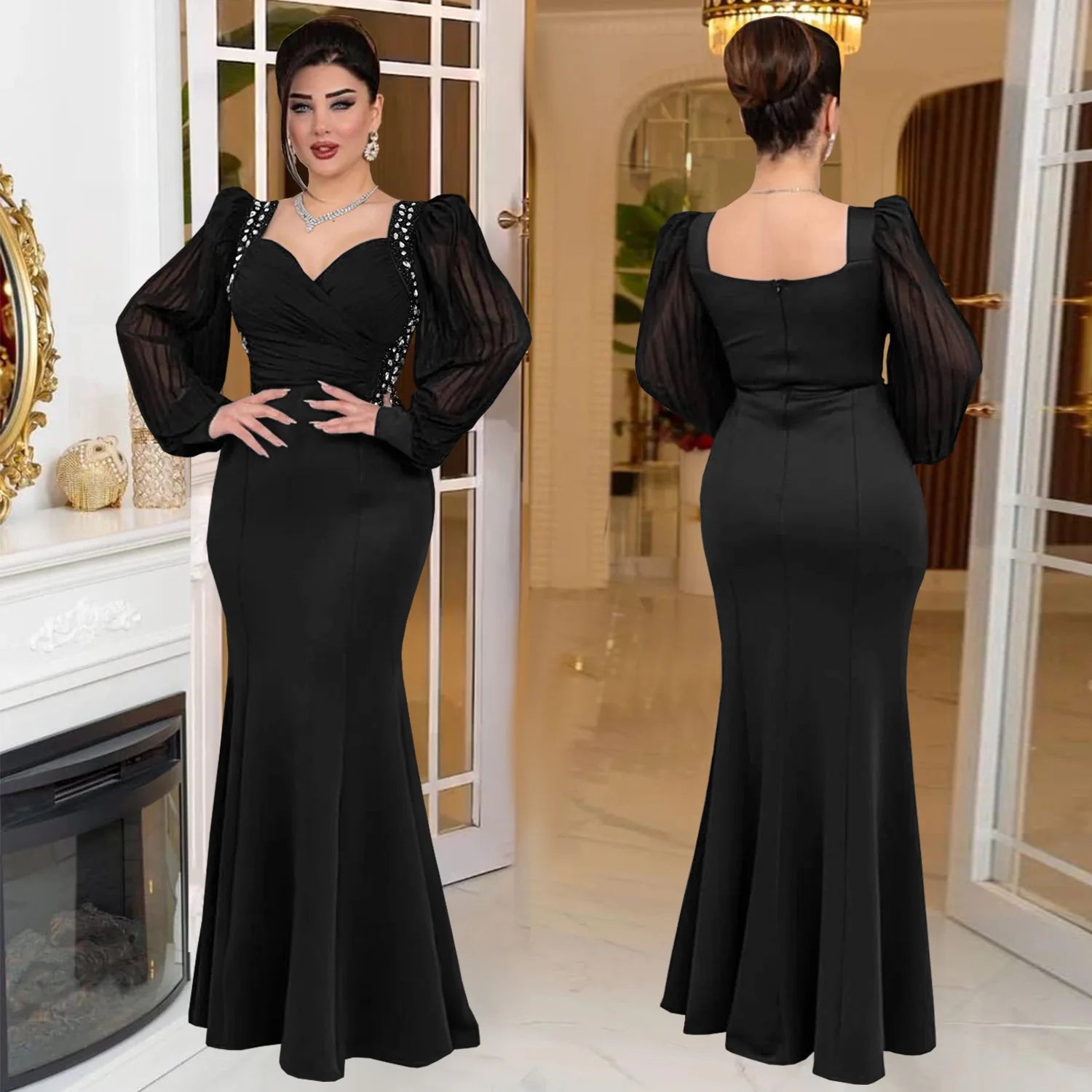 2026 Autumn Fashion Women's Dress Solid Color Temperament Concealed Waist Hot Diamond Long Sleeve Fish Tail Dress - JN Fashion Fusion