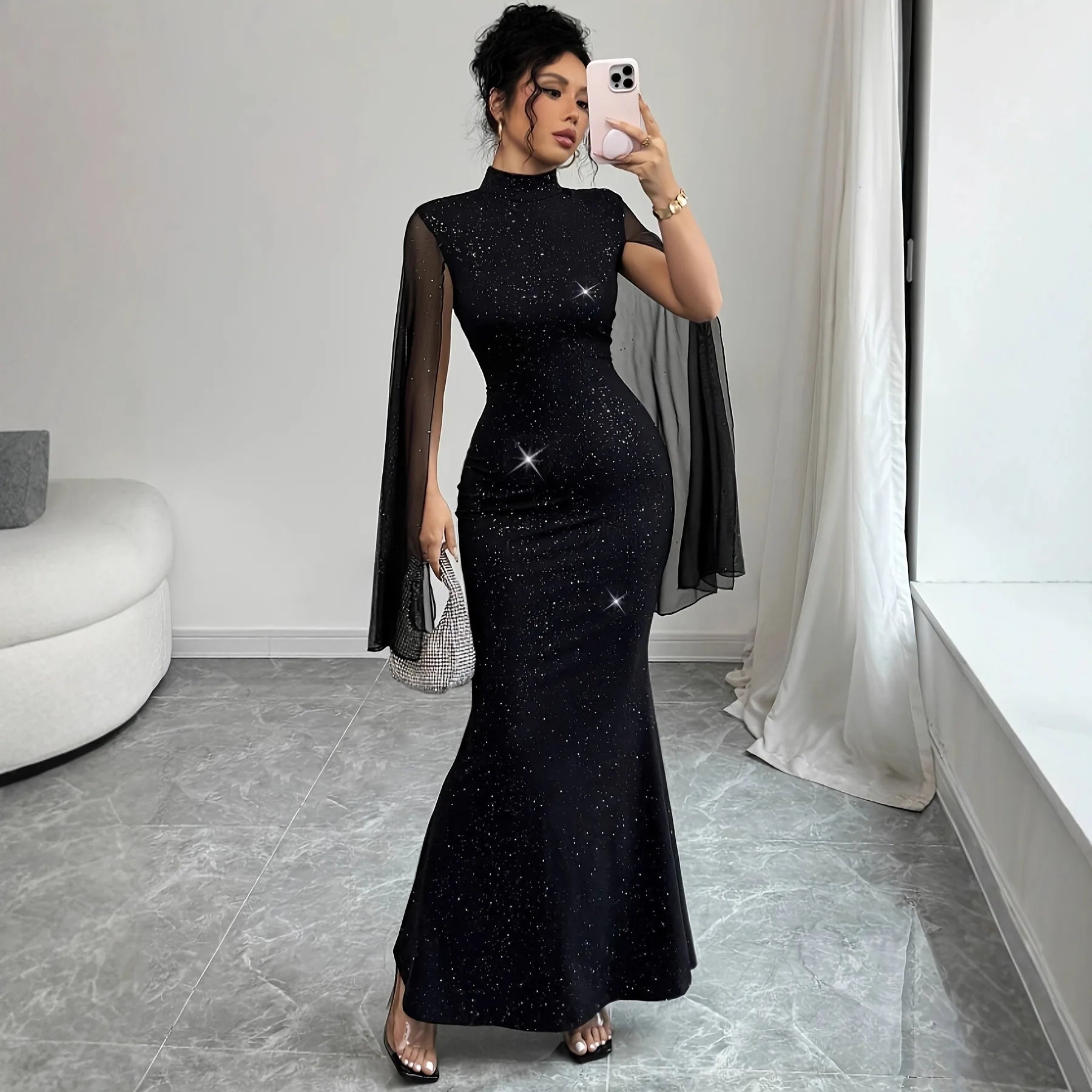 Shiny Cape Splicing Party Dress Women 2026 Spring Elegant Maxi Dresses for Women - JN Fashion Fusion