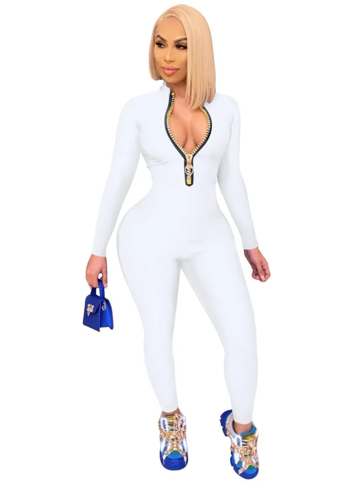 Women's Spring Summer New Collection Solid Color Fashion Solid Color Zipper Sexy V-neck Tight Long Sleeve Jumpsuit Pants