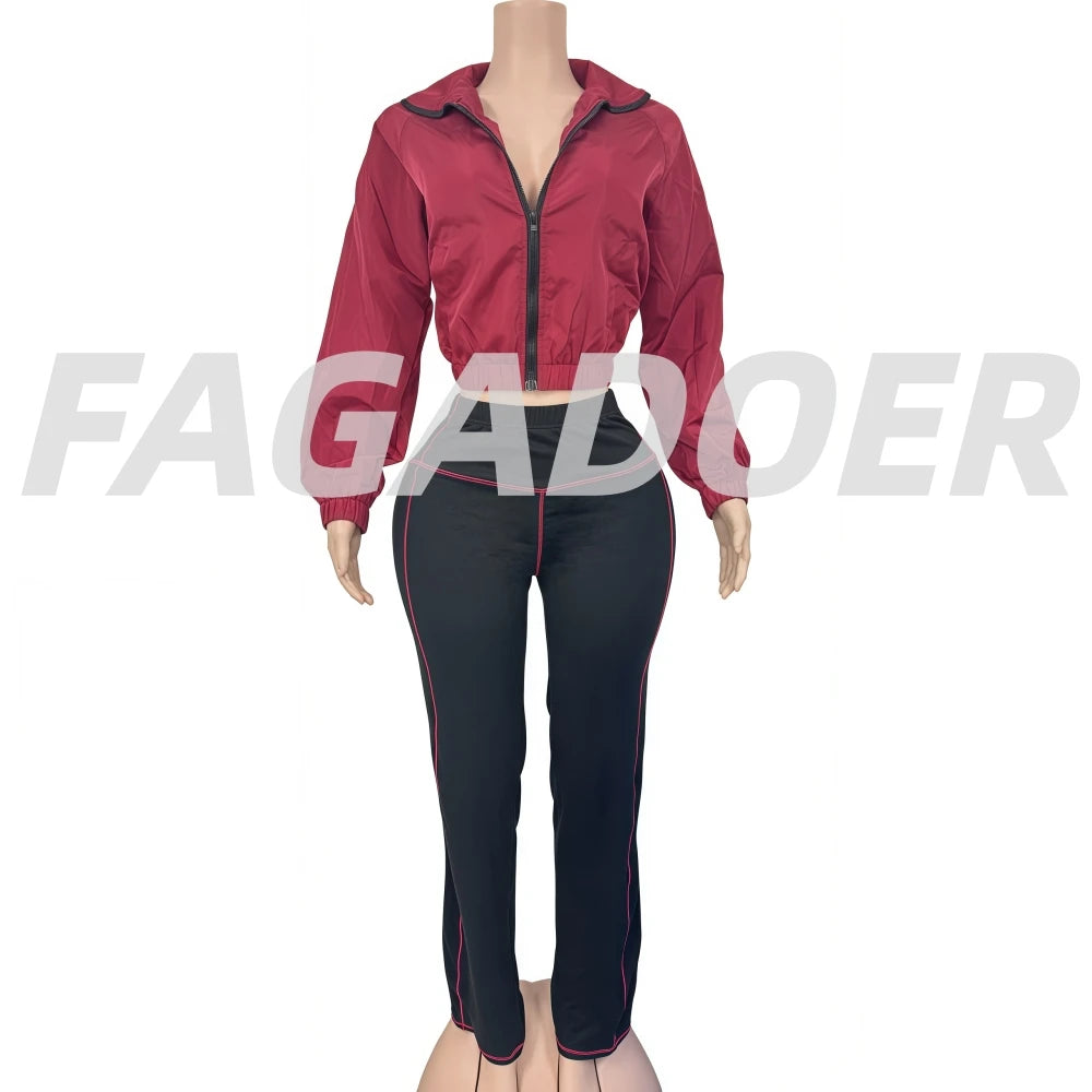 FAGADOER Autumn Winter Casual 2 Pieces Set for Woman Outfits Solid Color Long Sleeves Crop Top + Flared Pants Female Sportswear - JN Fashion Fusion