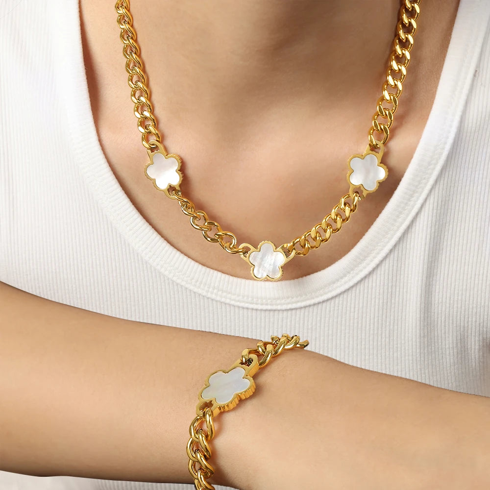 Elegant Stainless Steel New Hip Hop Cuban Link Five Leaf Flower Set Shell Bracelet Necklace Women's Minimalist Chain Jewelry - JN Fashion Fusion