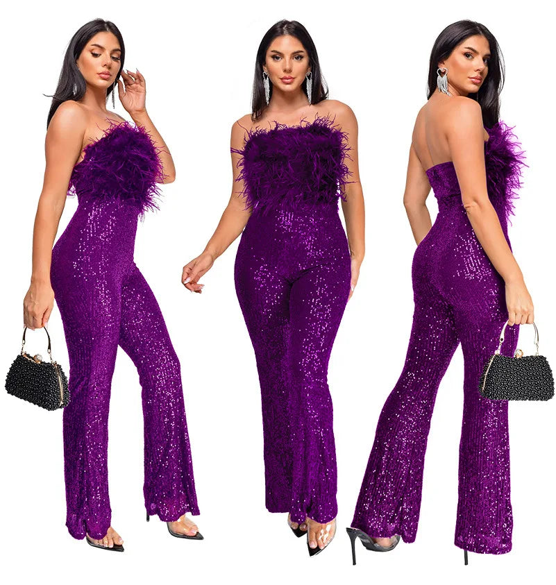 Sliver Bling Bling Sequined Club Jumpsuit Women Strapless Elegant Sparky Gold Sequins Party Romper Overalls