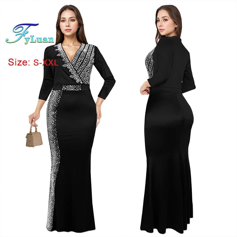Hot Sale Of The Season Women's Waist Wrap Long Dress Temperament Solid Color Skinny Deep V Neck Lady Decor Dinner Dress Clothes - JN Fashion Fusion