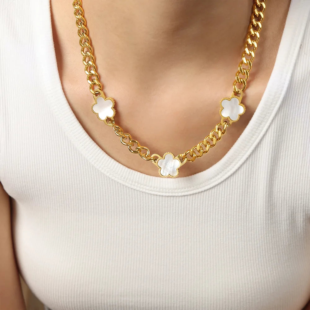 Elegant Stainless Steel New Hip Hop Cuban Link Five Leaf Flower Set Shell Bracelet Necklace Women's Minimalist Chain Jewelry - JN Fashion Fusion