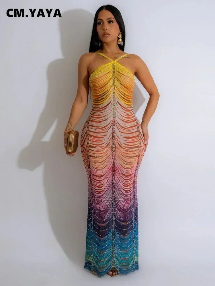 CM.YAYA 2024 Beach Tie Dye Print Diamonds Strap Halter Women's Long Dress Sexy Night Party Sleeveless Bodycon Pencil Dresses - JN Fashion Fusion
