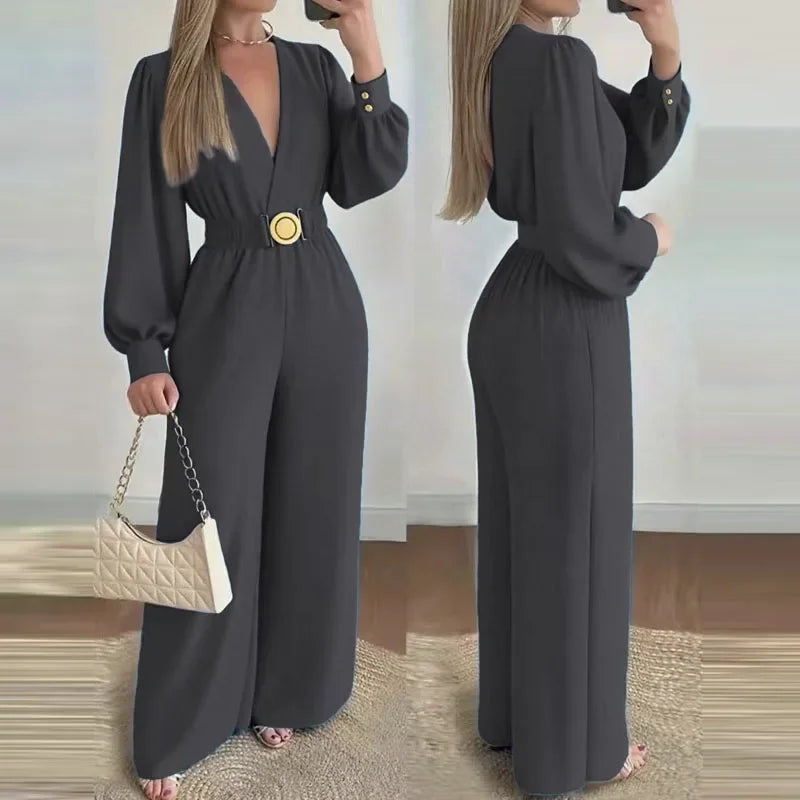 Autumn Elegant V-neck Solid Long Jumpsuits Fashion Commuting Belt Lace-Up Wide Legger Romper Casual Long Sleeve Women's Playsuit - JN Fashion Fusion
