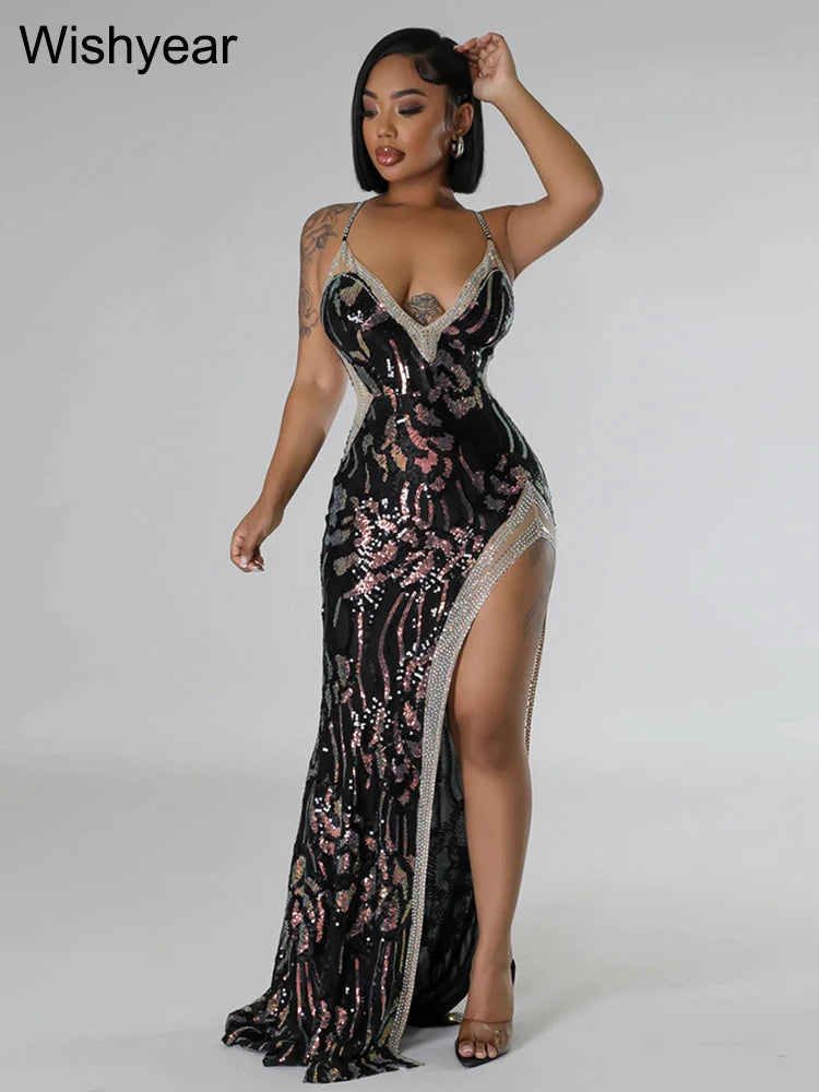 New Sequin Glitter Rhie Birthdy Party Long Dress Women's Spaghetti Straps High Split Wedding Evening Prom Celebrity