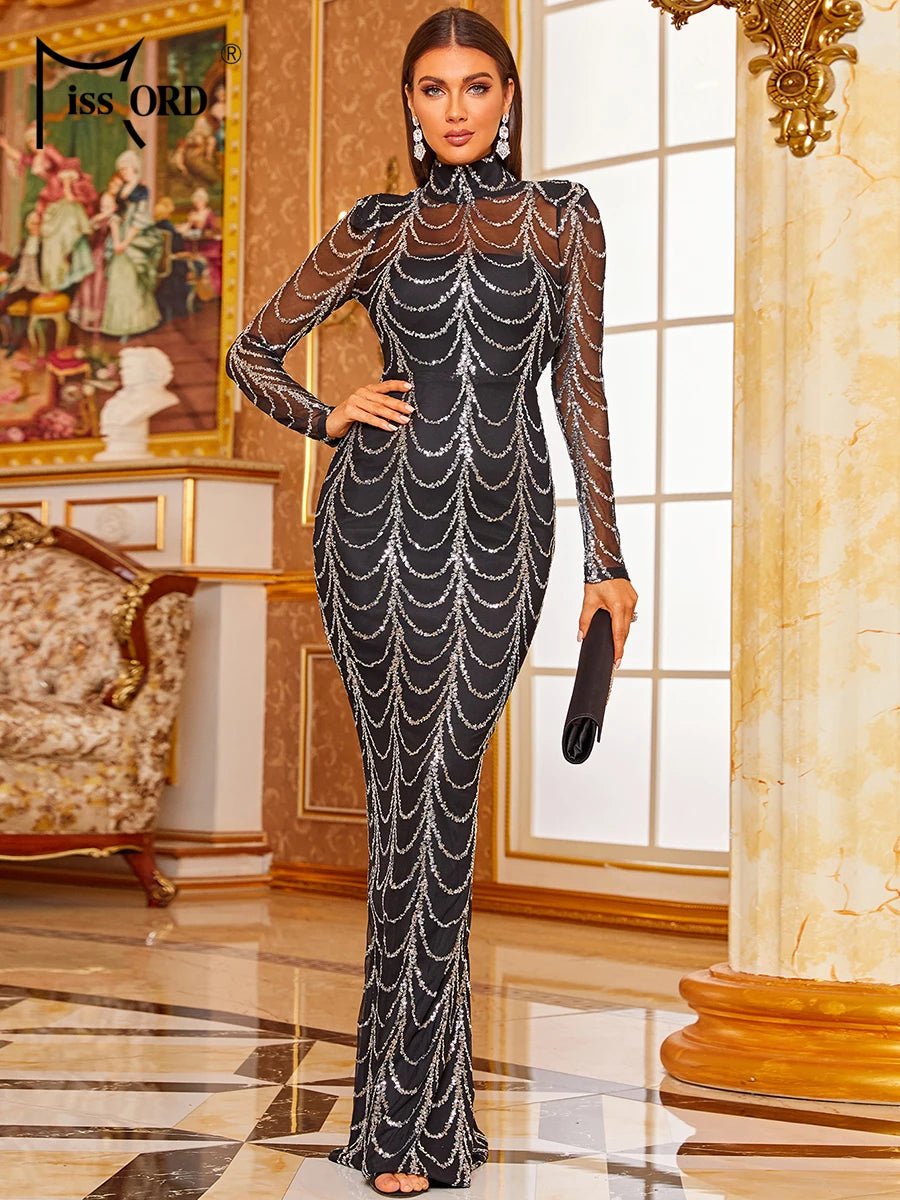 Missord Wave Sequin Party Dresses Elegant Women High Neck Long Sleeves See Though Bodycon Evening Prom Dress With Line Long Gown - JN Fashion Fusion