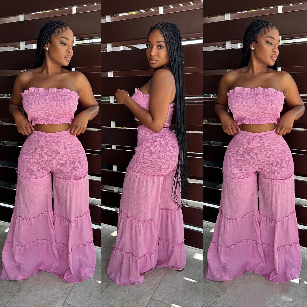 Women Summer Sexy Outfits 2pc Boho Pant Sets Ruffled Two Pieces Pants Set Ladies Strapless Crop Tube Top and Wide Leg Pants Suit - JN Fashion Fusion